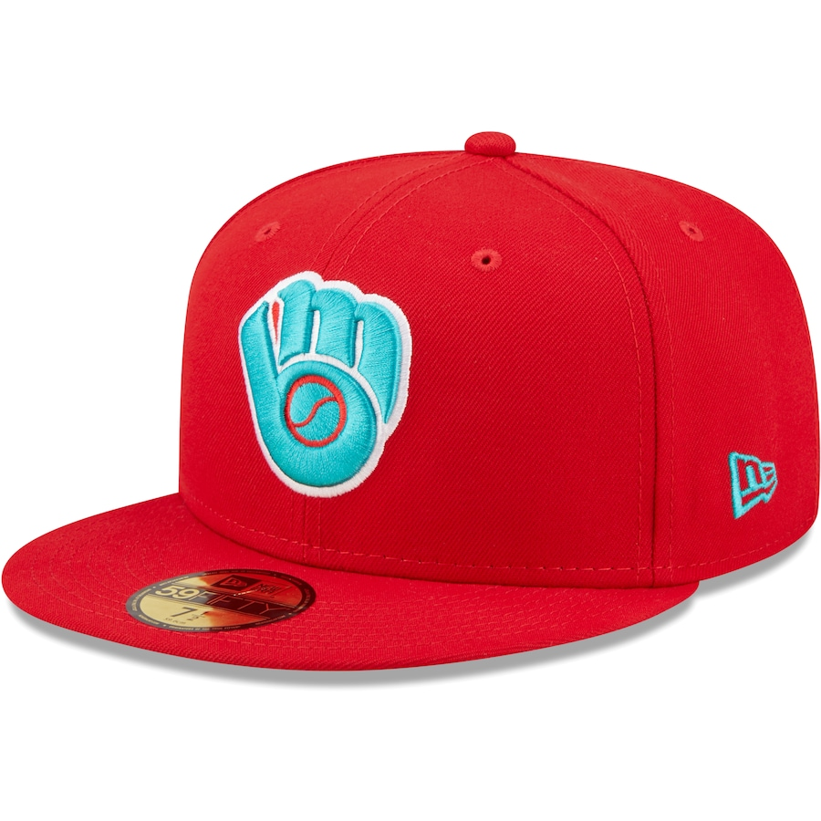 New Era Milwaukee Brewers 50th Anniversary Scarlet/Teal Undervisor 2022 59FIFTY Fitted Hat