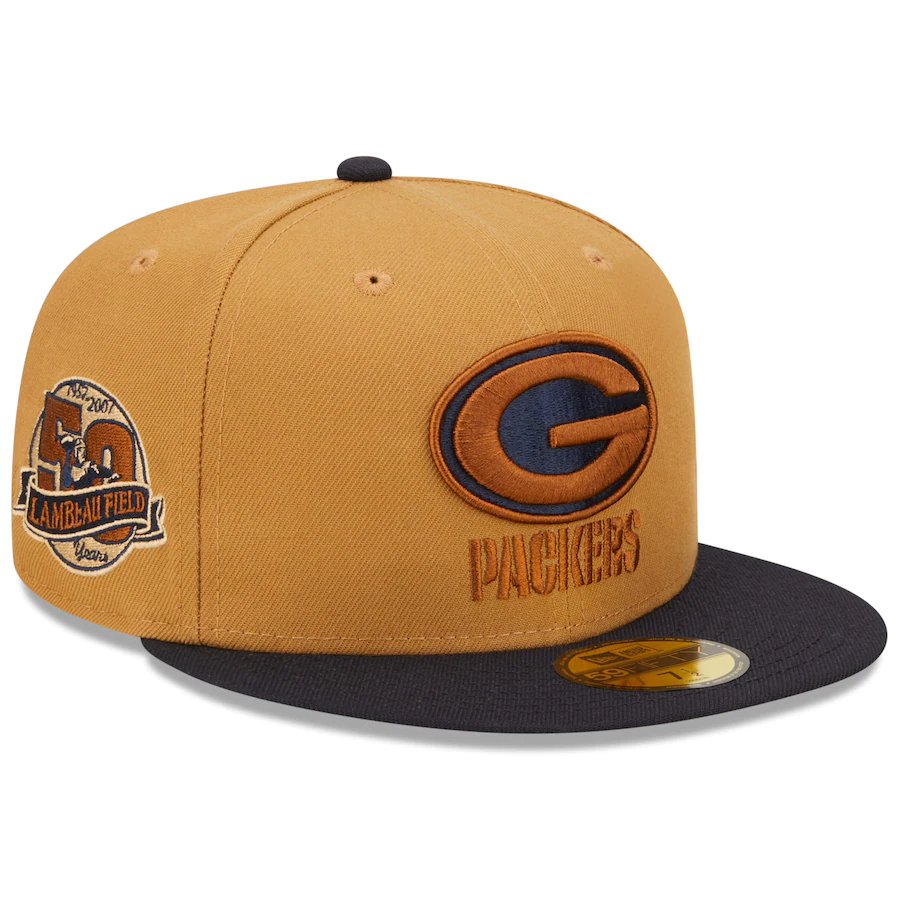 New Era Green Bay Packers Tan/Navy 50 Years at Lambeau Field Wheat 59FIFTY Fitted Hat