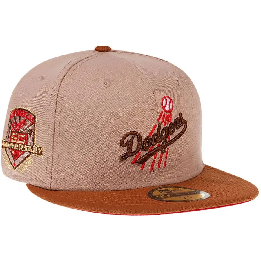 New Era Los Angeles Dodgers Khaki/Peanut Brown 50th Anniversary Whiskey Script Prime 59FIFTY Fitted Hat
