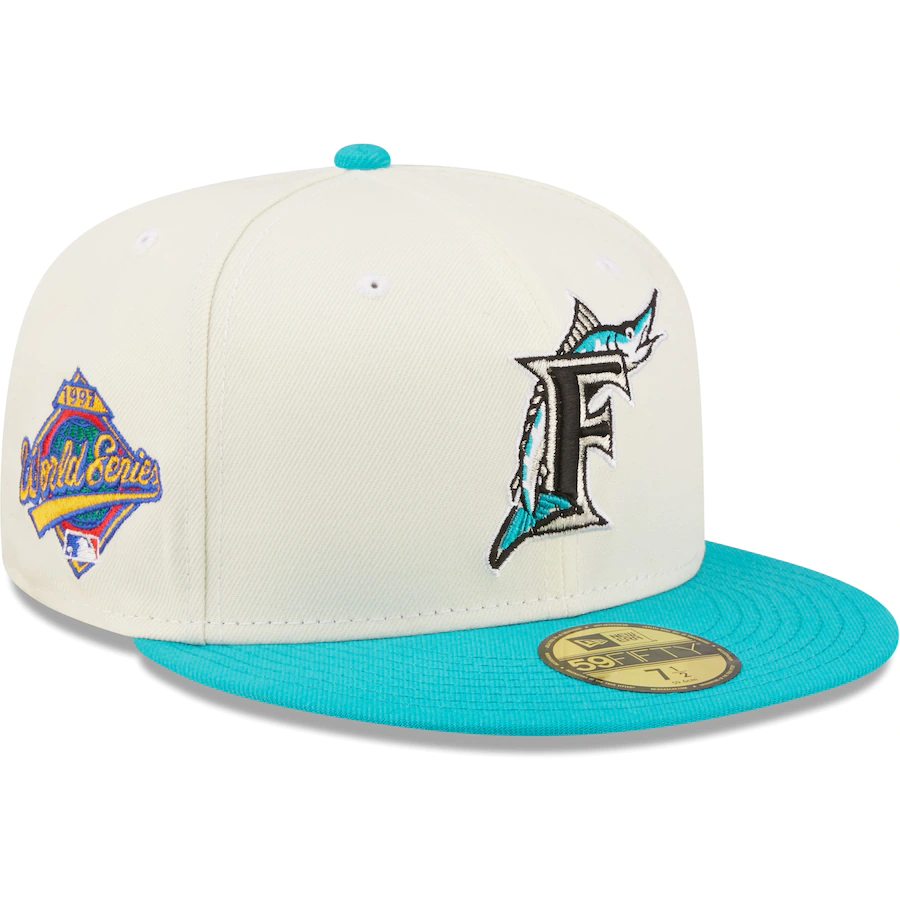 New Era Florida Marlins White/Teal  Cooperstown Collection 1997 World Series Chrome 59FIFTY Fitted Hat