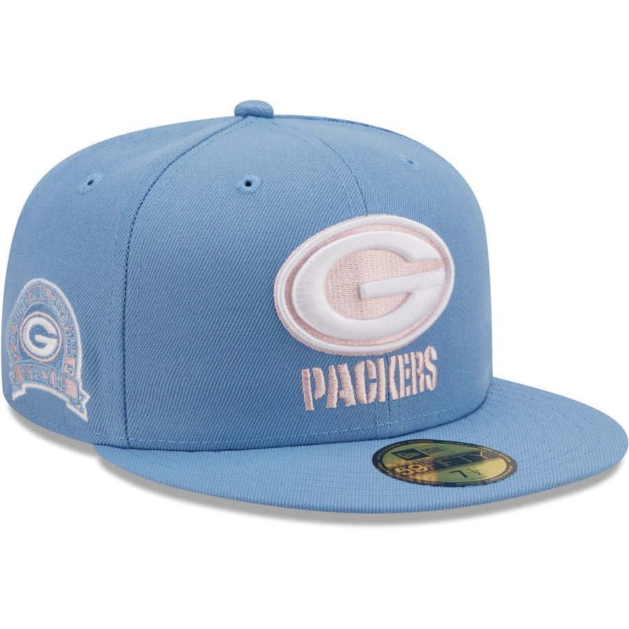 New Era Green Bay Packers Light Blue 4x Super Bowl Champions Pink Undervisor 59FIFTY Fitted Hat