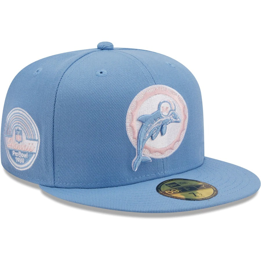 New Era Miami Dolphins Light Blue 1980 Pro Bowl Pink Undervisor 59FIFTY Fitted Hat