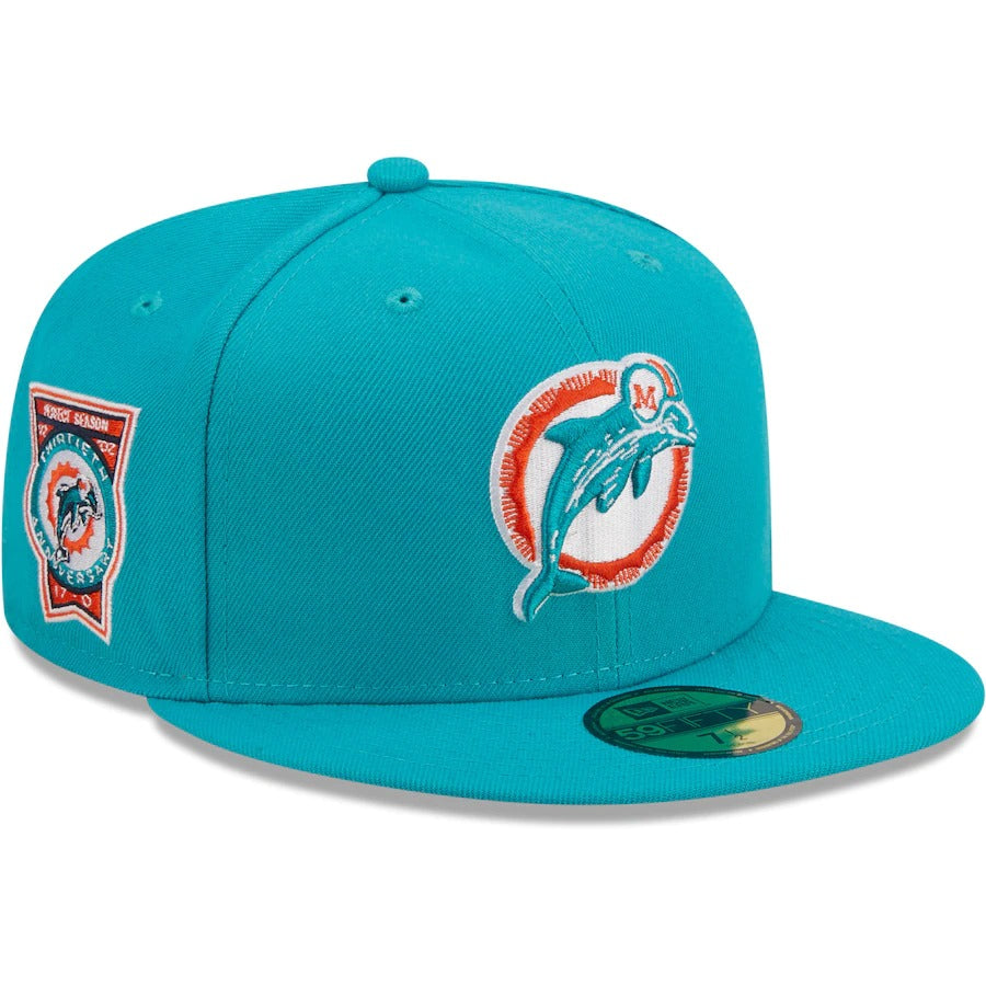 New Era Miami Dolphins Aqua 30th Anniversary Patch Logo 59FIFTY Fitted Hat