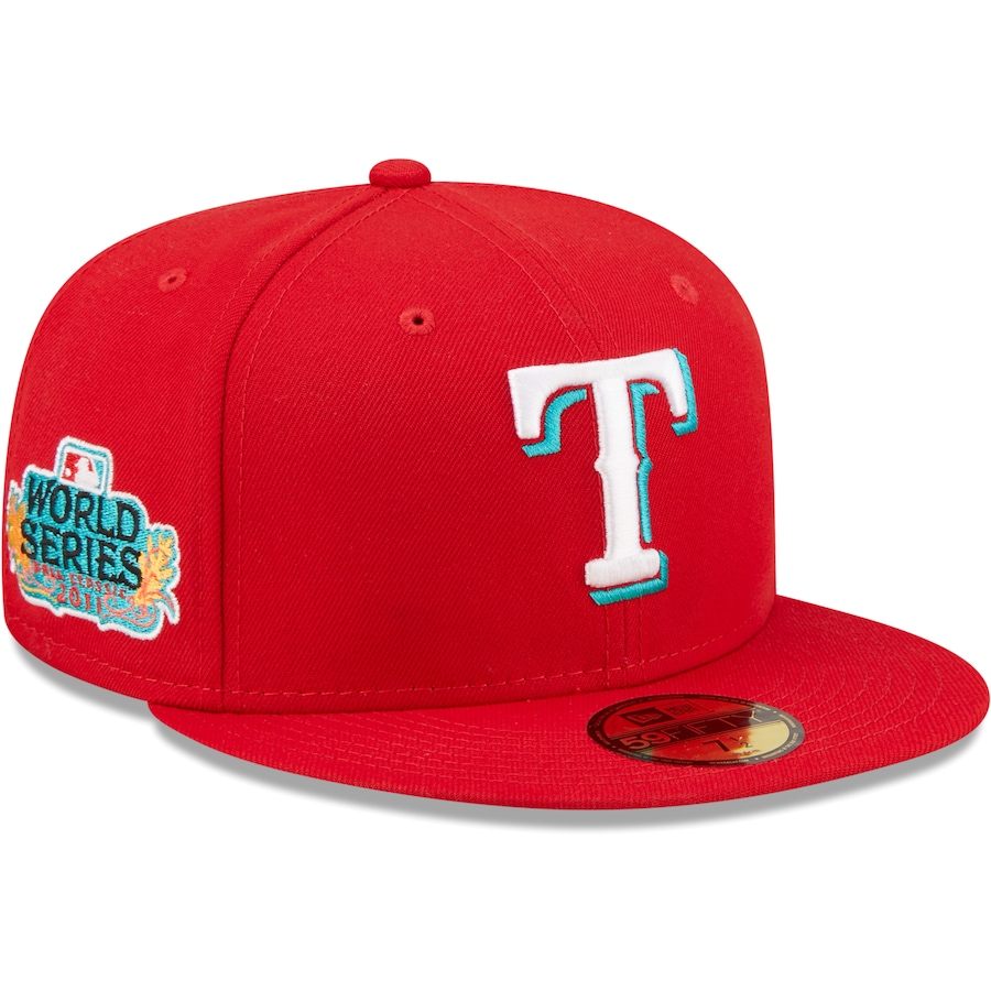 New Era Texas Rangers 2011 World Series Scarlet/Teal Undervisor 2022 59FIFTY Fitted Hat