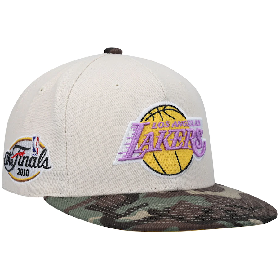 Mitchell & Ness Los Angeles Lakers Cream Hardwood Classics 2010 NBA Finals Patch Off White Camo Fitted Hat