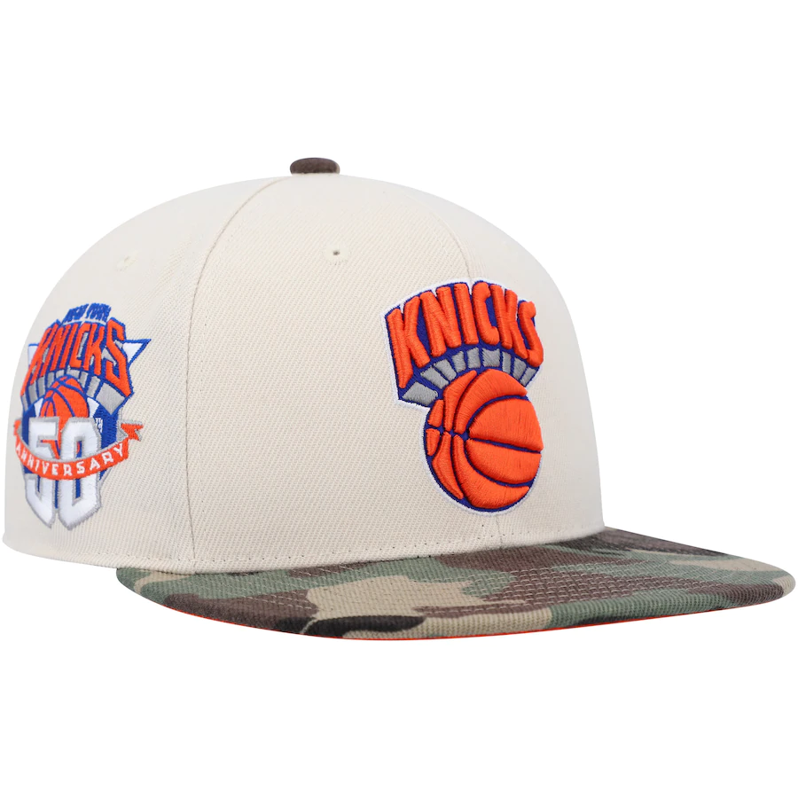 Mitchell & Ness New York Knicks Cream/Camo Hardwood Classics 50th Anniversary Off White Camo Fitted Hat
