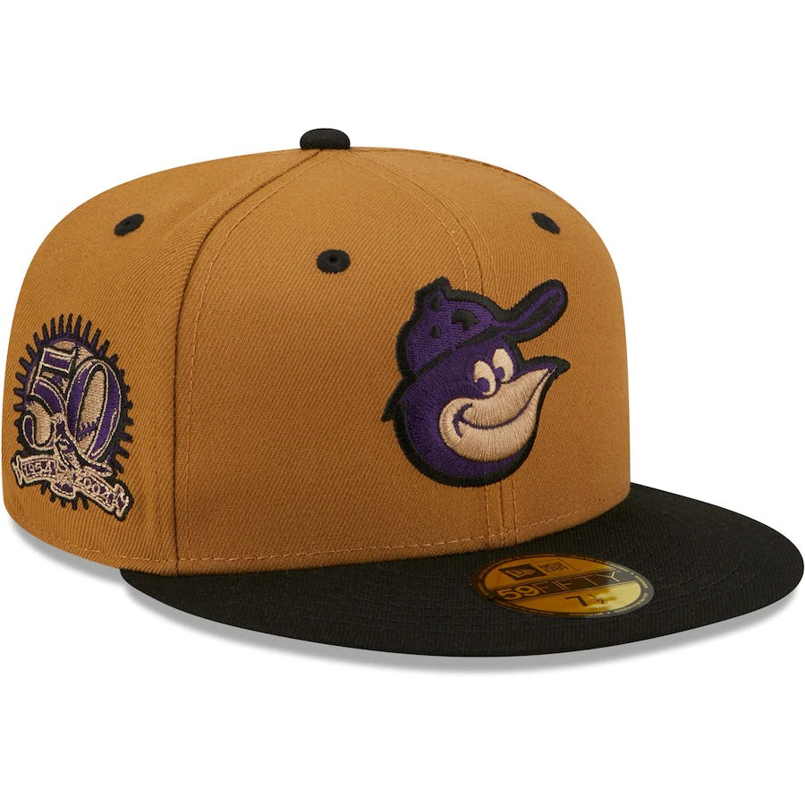 New Era Baltimore Orioles Tan/Black 50 Seasons Cooperstown Collection Purple Undervisor 59FIFTY Fitted Hat