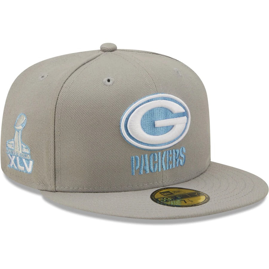 New Era Green Bay Packers Gray Super Bowl XLV Sky Blue Undervisor 59FIFTY Fitted Hat