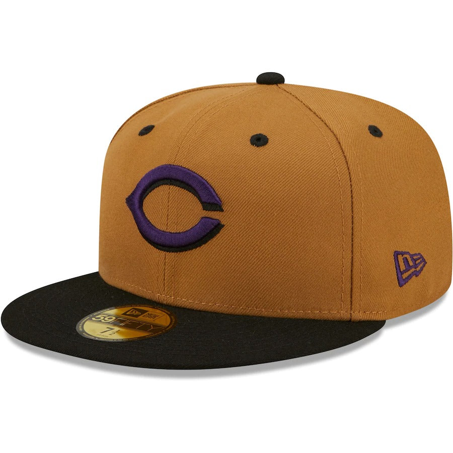 New Era Cincinnati Reds Tan/Black 150 Seasons Cooperstown Collection Purple Undervisor 59FIFTY Fitted Hat