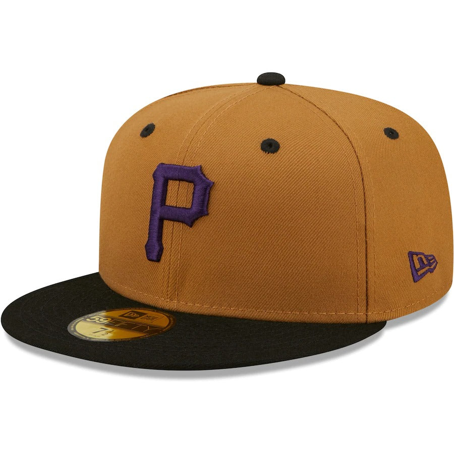 New Era Pittsburgh Pirates Tan/Black Three Rivers Stadium Three Golden Decades Cooperstown Collection Purple Undervisor 59FIFTY Fitted Hat