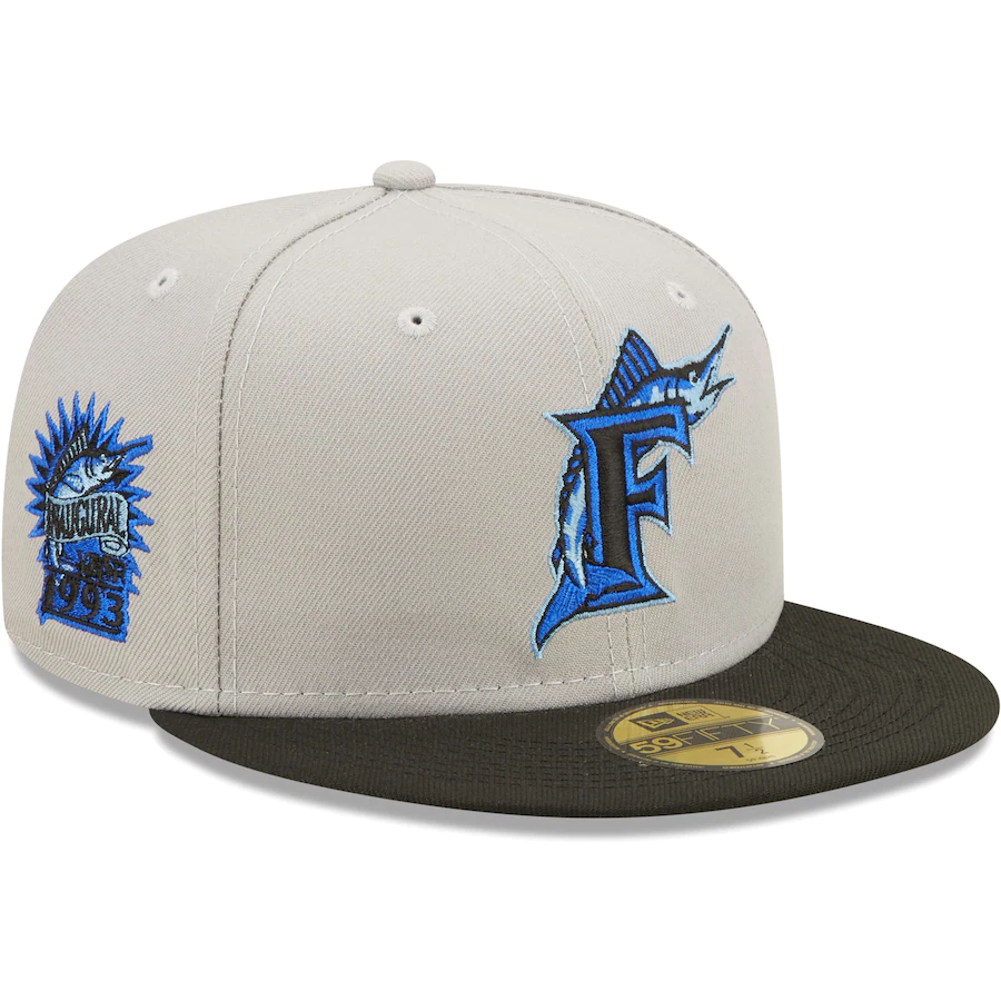 New Era Florida Marlins 1993 Inaugural Season Cooperstown Collection Gray/Black Blue Undervisor 2022 59FIFTY Fitted Hat
