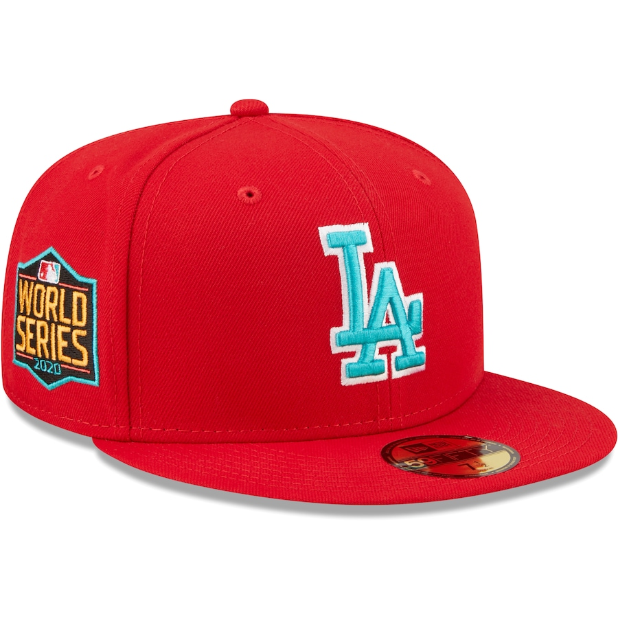 New Era Los Angeles Dodgers 2020 World Series Scarlet/Teal Undervisor 2022 59FIFTY Fitted Hat