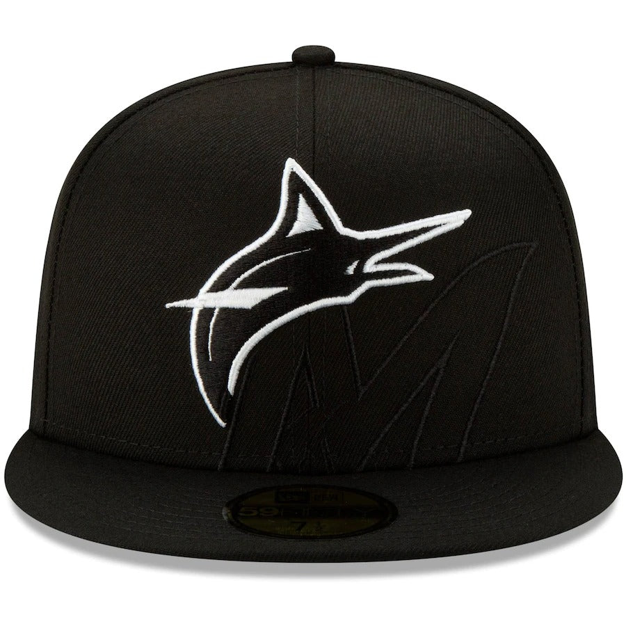 New Era Black Miami Marlins Monochrome Logo Elements 59FIFTY Fitted Hat