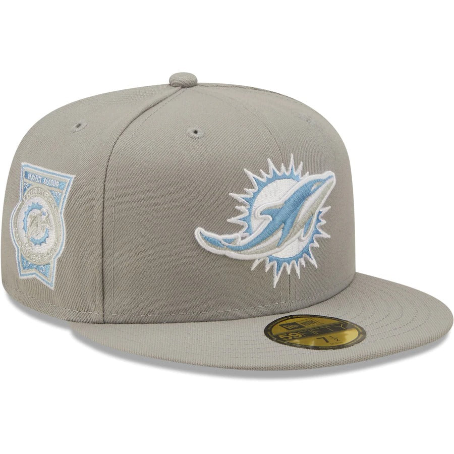 New Era Miami Dolphins Gray 30th Anniversary Perfect Season Sky Blue Undervisor 59FIFTY Fitted Hat