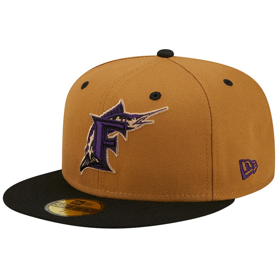 New Era Florida Marlins Tan/Black 2003 World Series Champions Cooperstown Collection Purple Undervisor 59FIFTY Fitted Hat