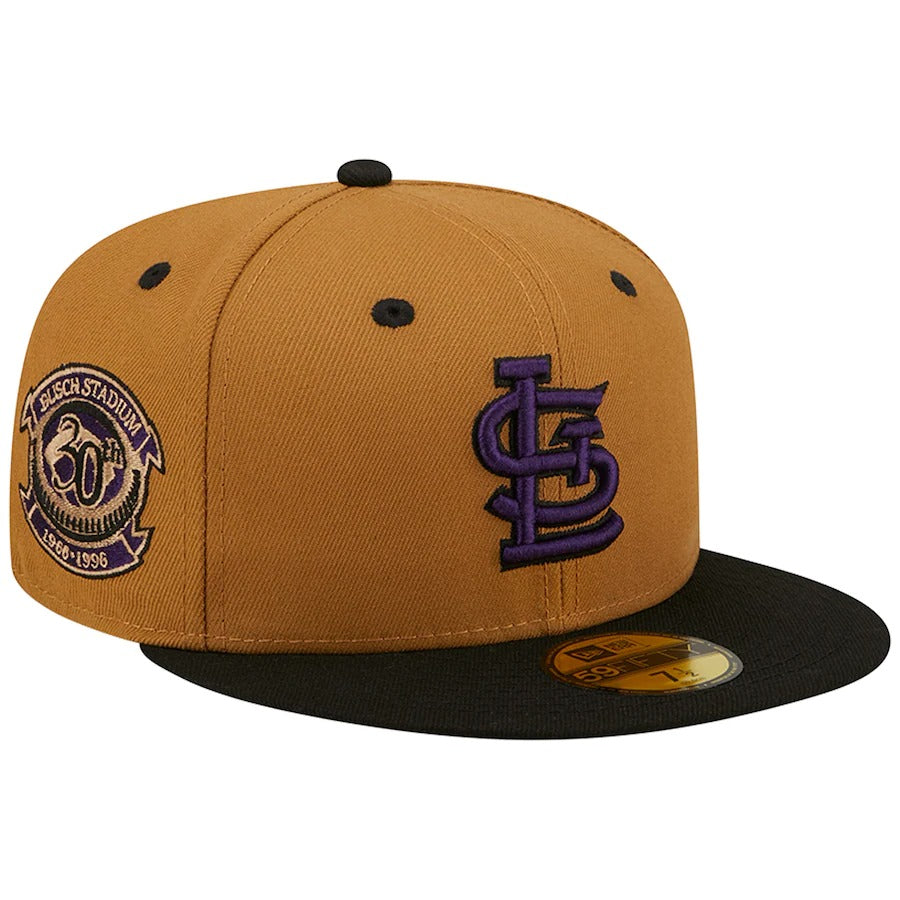New Era St. Louis Cardinals Tan/Black Busch Memorial Stadium 30th Anniversary Purple Undervisor 59FIFTY Fitted Hat