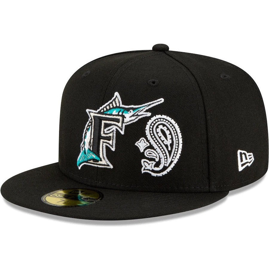 New Era Black Miami Marlins Patchwork Undervisor 59FIFTY Fitted Hat