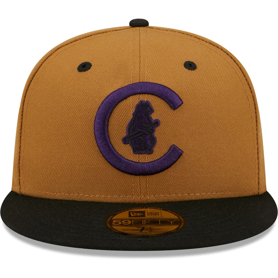 New Era Chicago Cubs Tan/Black 1908 World Series Cooperstown Collection Purple Undervisor 59FIFTY Fitted Hat