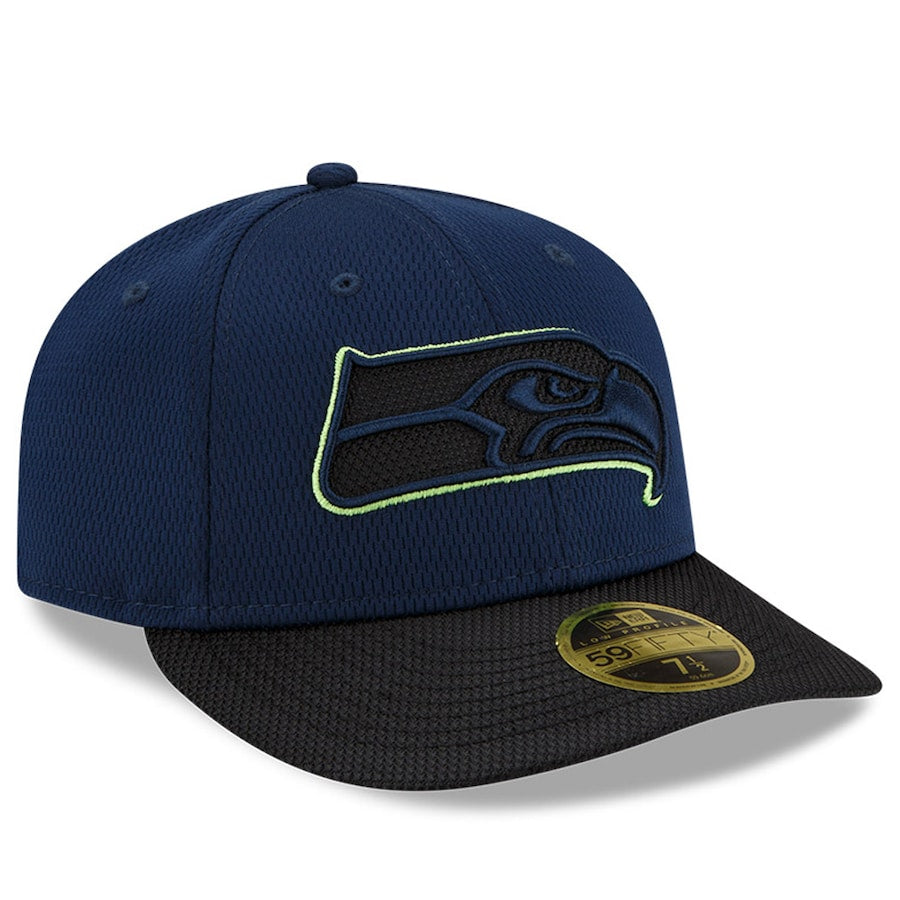 New Era Seattle Seahawks Navy/Black 2021 NFL Sideline Road Low Profile 59FIFTY Fitted Hat