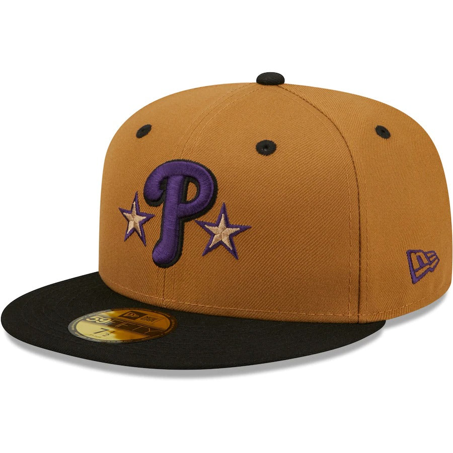 New Era Philadelphia Phillies Tan/Black Philadelphia Veterans Stadium Cooperstown Collection Purple Undervisor 59FIFTY Fitted Hat