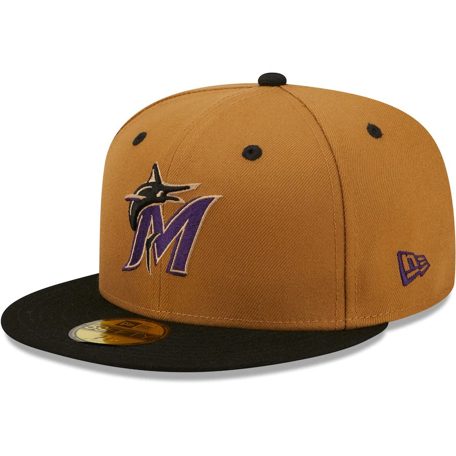 New Era Miami Marlins Tan/Black Marlins Park Cooperstown Collection Purple Undervisor 59FIFTY Fitted Hat
