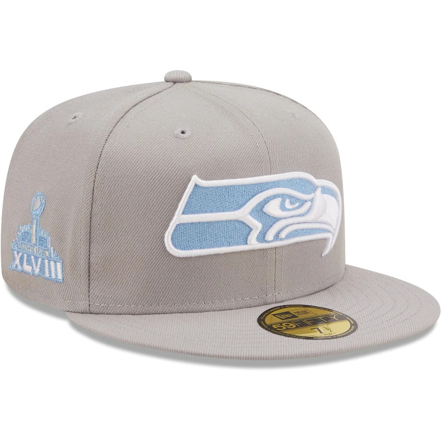 New Era Seattle Seahawks Gray Super Bowl XLVIII Sky Blue Undervisor 59FIFTY Fitted Hat