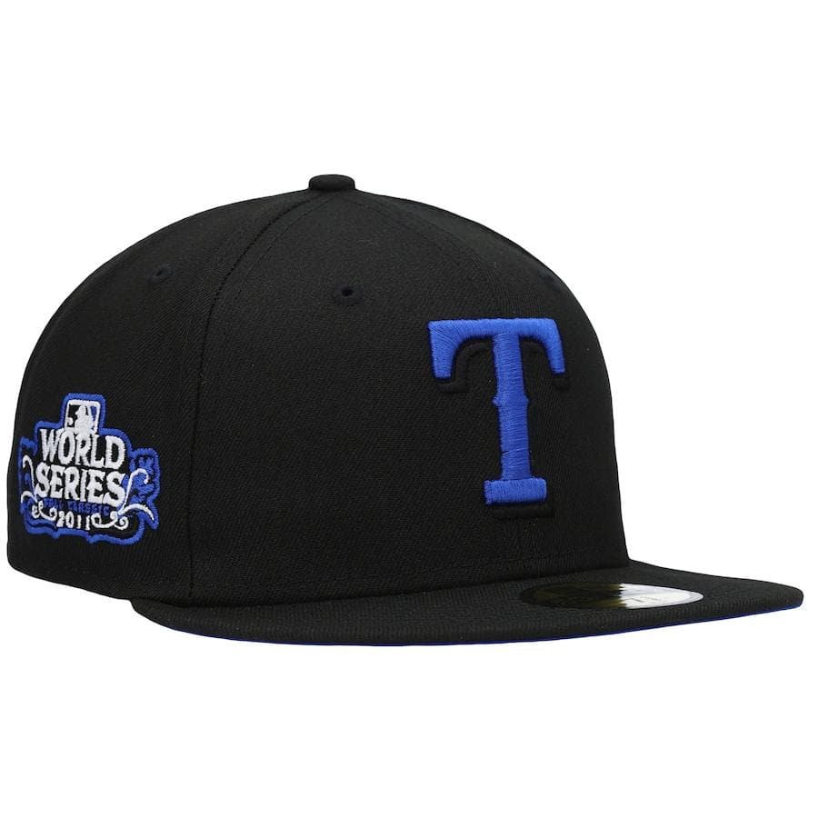 New Era Texas Rangers Black World Series 2011 World Series Patch Royal Under Visor 59FIFTY Fitted Hat
