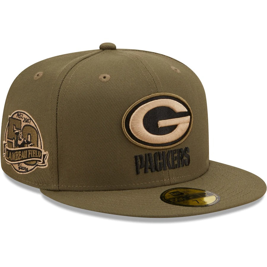 New Era Green Bay Packers Olive Lambeau Field 50th Anniversary Camo Undervisor 59FIFTY Fitted Hat