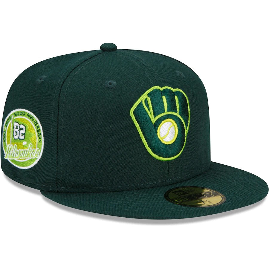 New Era Milwaukee Brewers Green Silver Anniversary Color Fam Lime Undervisor 59FIFTY Fitted Hat