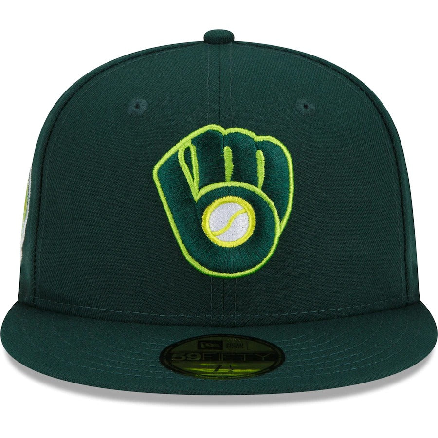 New Era Milwaukee Brewers Green Silver Anniversary Color Fam Lime Undervisor 59FIFTY Fitted Hat