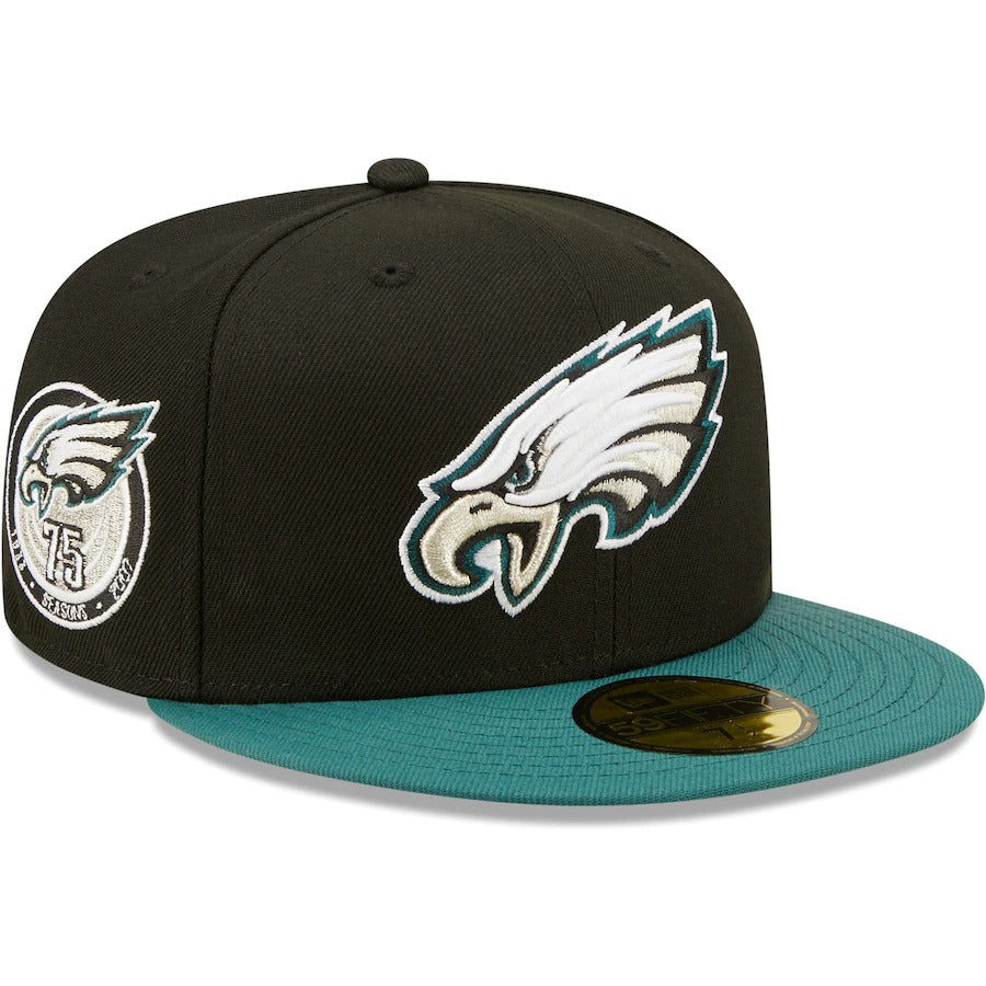 New Era Philadelphia Eagles Black Team 75th Anniversary Patch 59FIFTY Fitted Hat