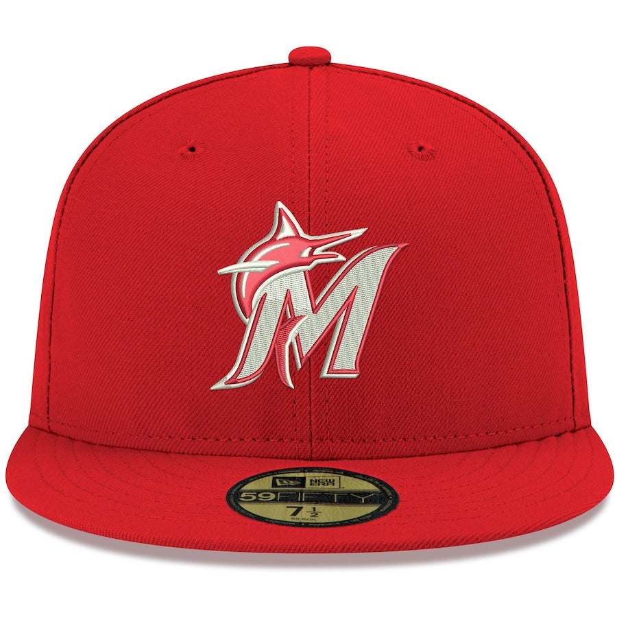 New Era Red Miami Marlins Logo White 59FIFTY Fitted Hat