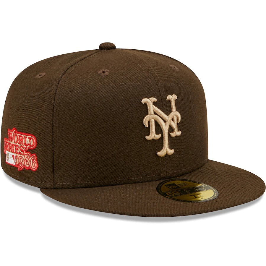 New Era New York Mets Brown 1986 World Series Team Scarlet Undervisor 59FIFTY Fitted Hat