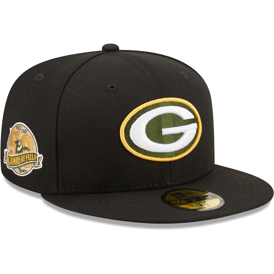 New Era Black Green Bay Packers Lambeau Field 50th Anniversary Patch 59FIFTY Fitted Hat