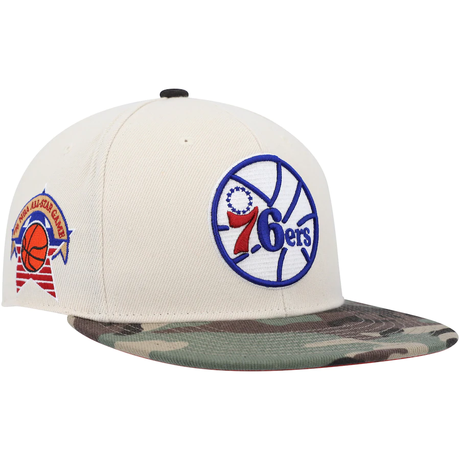 Mitchell & Ness Philadelphia 76ers Cream/Camo Hardwood Classics 1976 NBA All-Star Game Off White Camo Fitted Hat