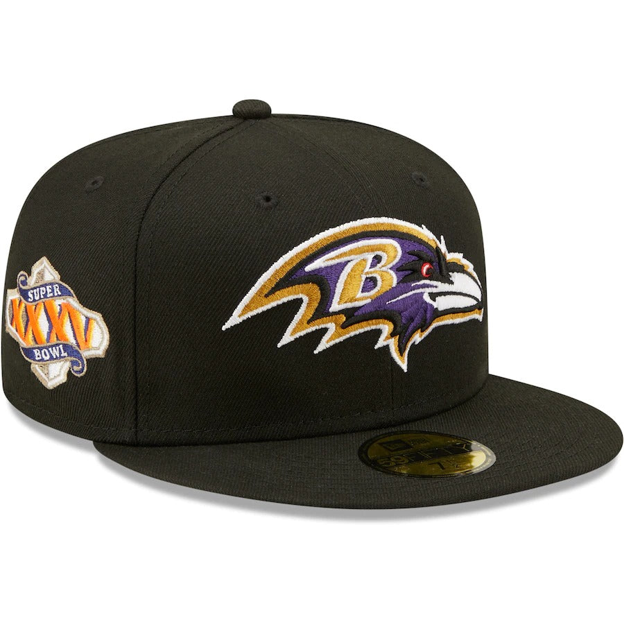 New Era Black Baltimore Ravens Super Bowl XXXV Patch Purple Undervisor 59FIFY Fitted Hat