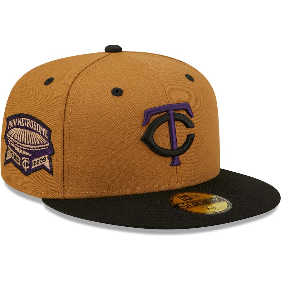 New Era Minnesota Twins Tan/Black HHH Metrodome Cooperstown Collection Purple Undervisor 59FIFTY Fitted Hat