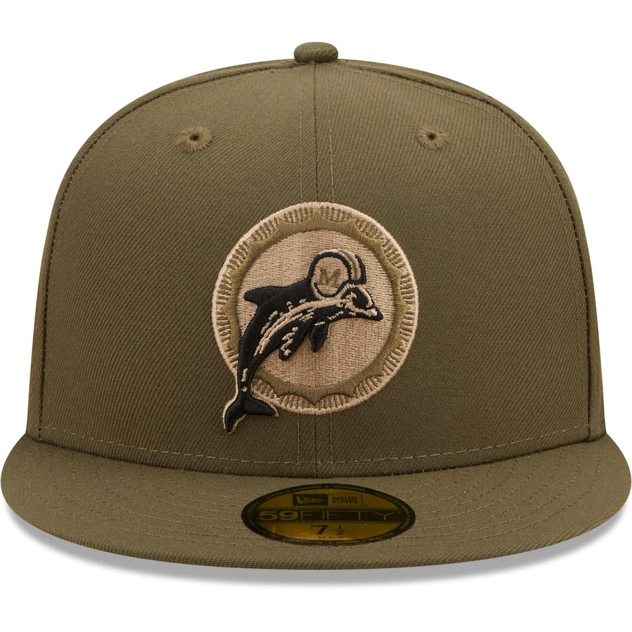 New Era Miami Dolphins Olive Super Bowl XVII Historic Logo Camo Undervisor 59FIFTY Fitted Hat