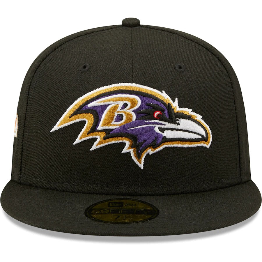 New Era Black Baltimore Ravens Super Bowl XXXV Patch Purple Undervisor 59FIFY Fitted Hat