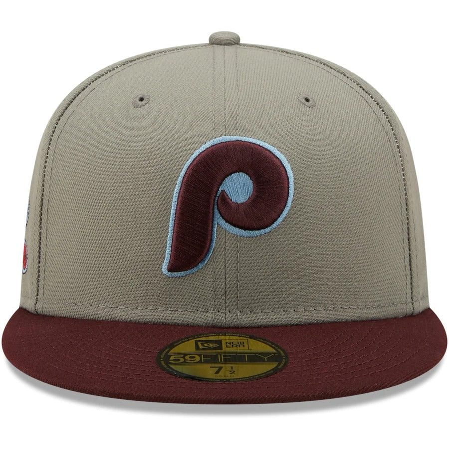 New Era Philadelphia Phillies Misty Maroon 1980 World Series Blue Undervisor 59FIFTY Fitted Hat