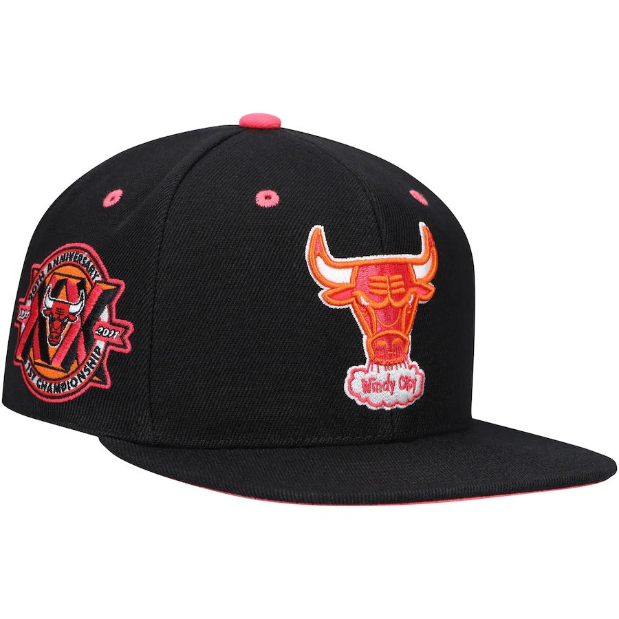 Mitchell & Ness x Lids Chicago Bulls Black 1991 First Championship 20th Anniversary Hardwood Classics Sunset Fitted Hat