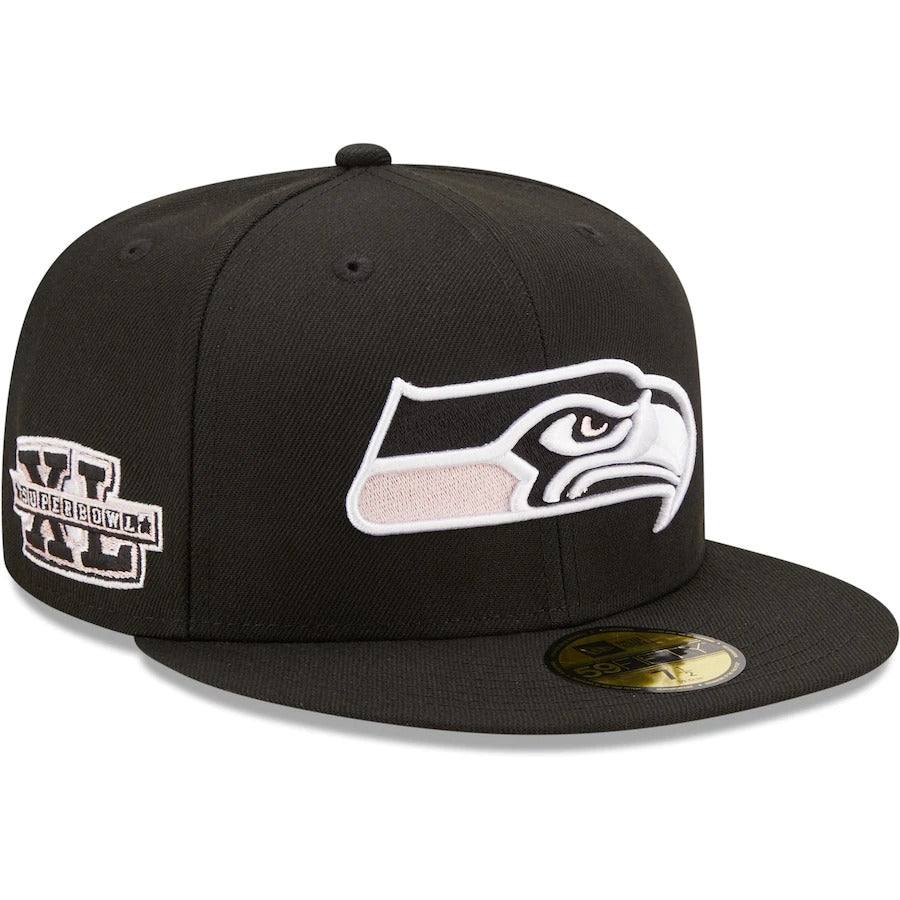 New Era Seattle Seahawks Black Super Bowl XL Pink Undervisor 59FIFTY Fitted Hat