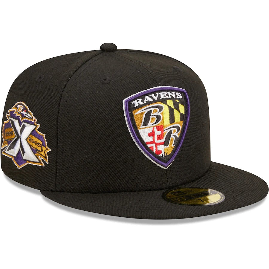 New Era Baltimore Ravens Black 10th Anniversary Patch Logo 59FIFTY Fitted Hat