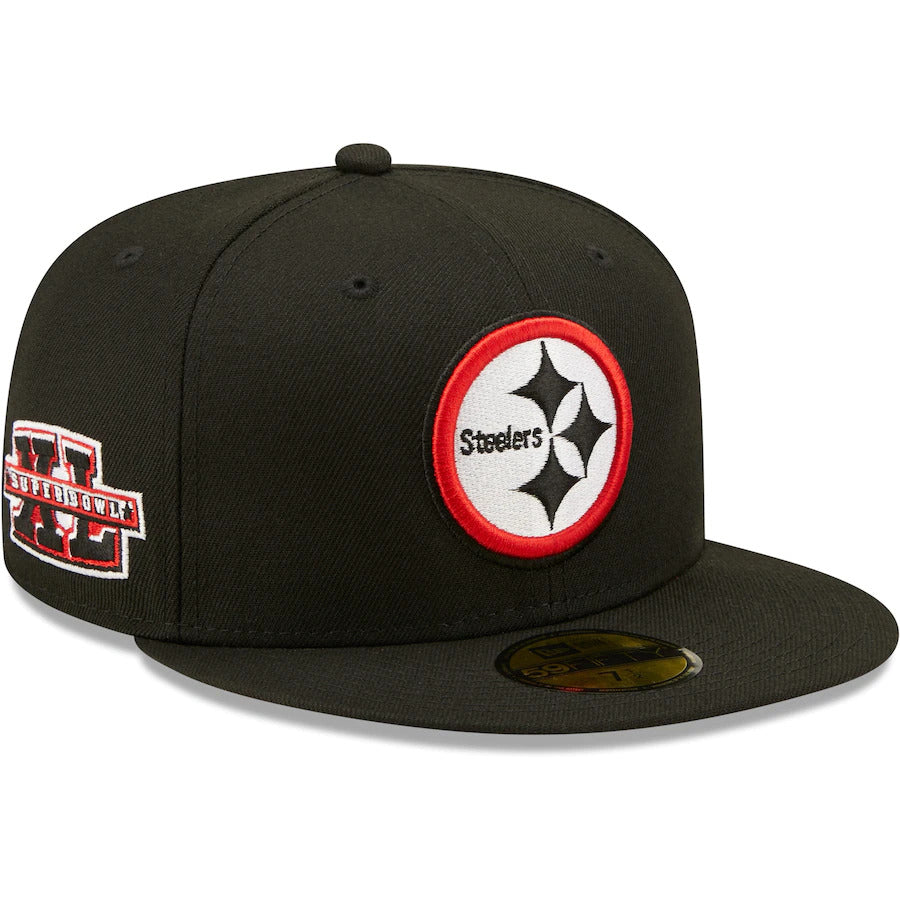 New Era Black Pittsburgh Steelers Red Undervisor Super Bowl XL Side Patch 59FIFTY Fitted Hat