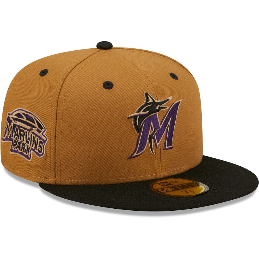New Era Miami Marlins Tan/Black Marlins Park Cooperstown Collection Purple Undervisor 59FIFTY Fitted Hat