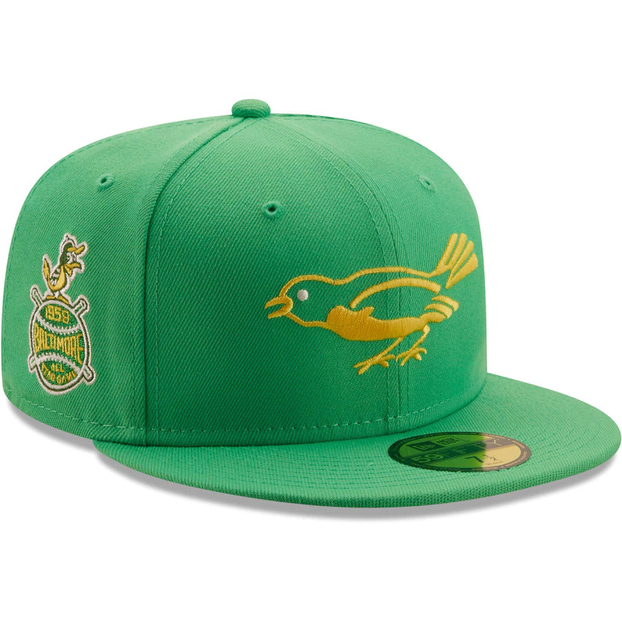 New Era Baltimore Orioles Kelly Green 1958 All-Star Game Side Patch Yellow Undervisor 59FIFTY Fitted Hat
